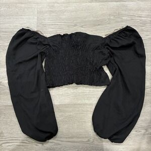 Black Mint Choco Smocked Tube Top With Long Balloon Sleeves | Size M